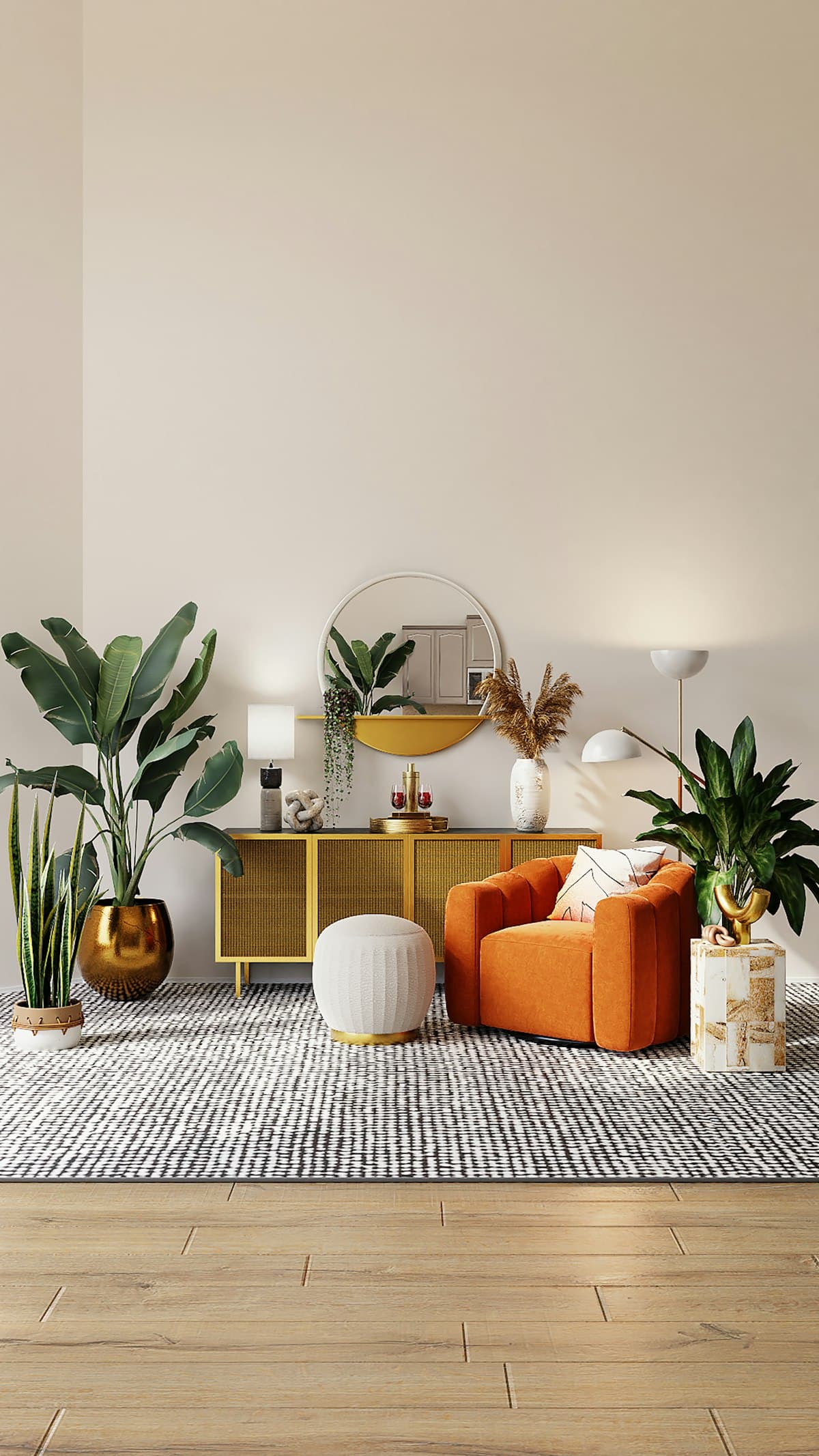 Modern living room with neutral sofa and pendant lighting